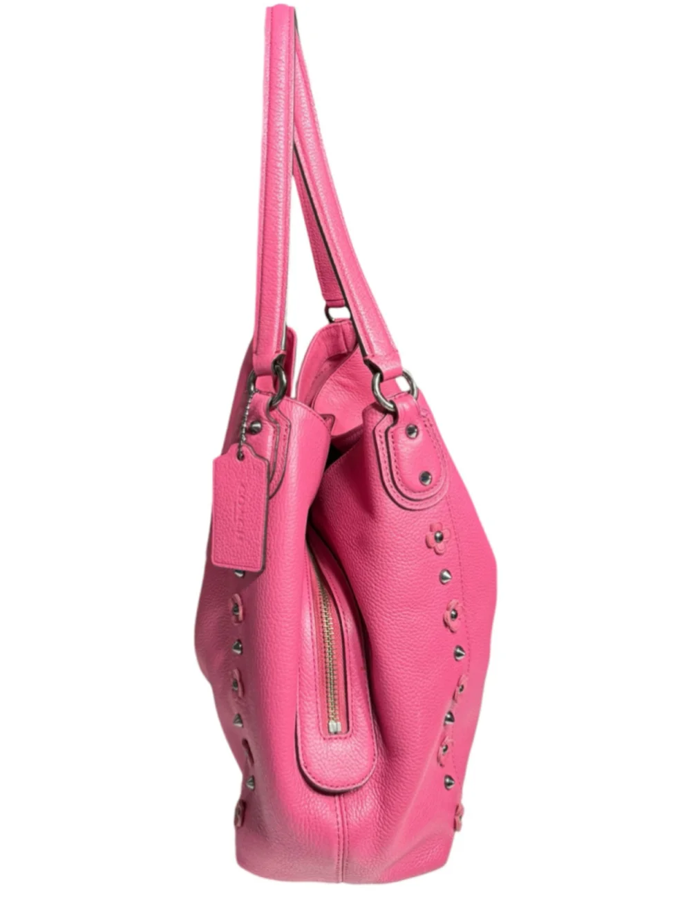 Coach Pink Edie Shoulder Bag with Floral Accents & Rivets in Pebbled Leather